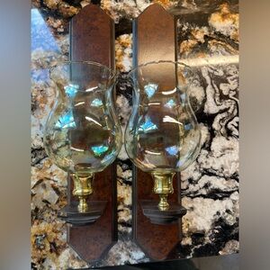 Wooden candle sconces from Home Interior, 17” by 3 1/4”,globe opening is 3 5/8”.